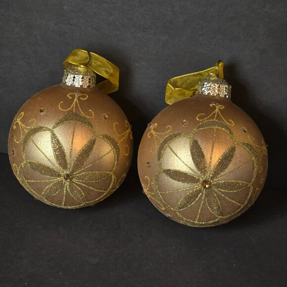 Frontgate Gold Glass Ornaments Set Of 2 Glitter Flower Burst Design Luxury 4" - Picture 1 of 8